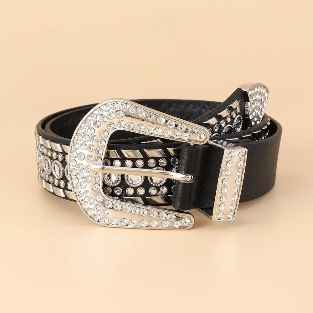 Vegan Leather Rhinestone Decor Buckle Belt